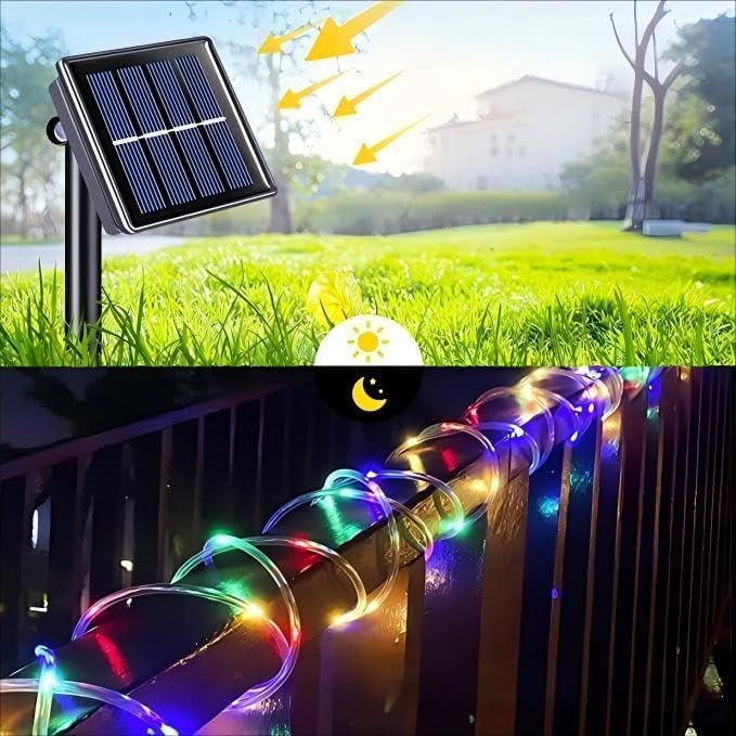 10 metros alimentado por energia solar, design de tubo de luz para ambientes externos, para decoração de jardim de Natal na piscina, casamento, Natal (luz colorida) na Amazon