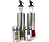 2 PORTA AZEITE E VINAGRE + 2 SALEIRO E PIMENTEIRO ACO INOX – KIT 4 PCS na Amazon