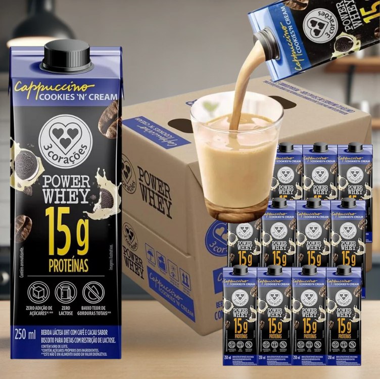 3 Corações Bebida Láctea Cappuccino Power Whey Cookies n’Cream 15g de Proteína com Cafeína 250ml – 12 unidades na Amazon