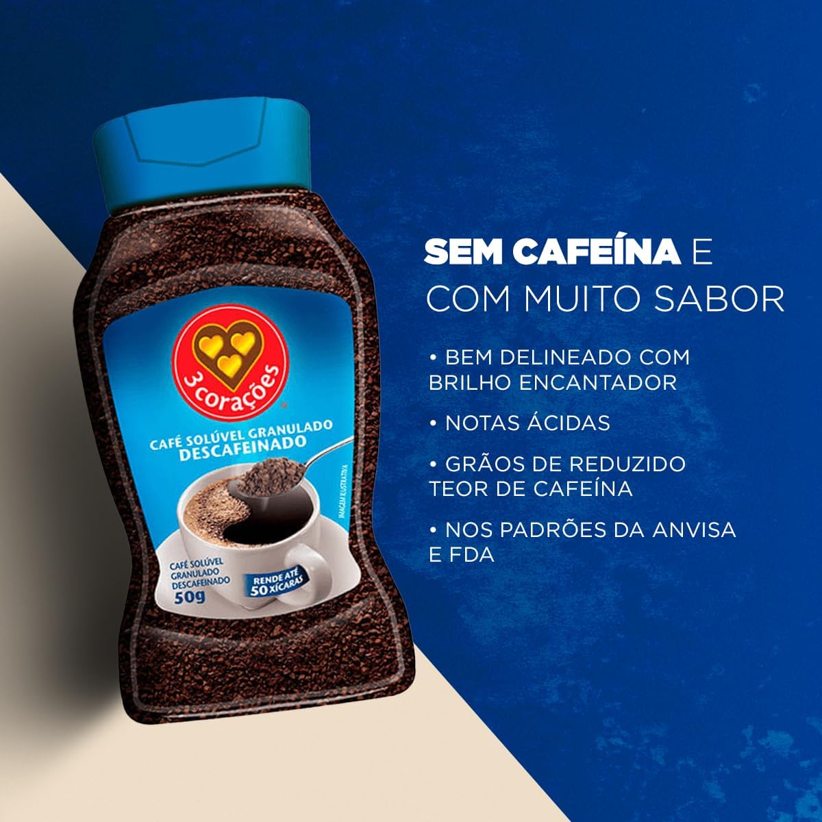 3 Corações Café Solúvel Descafeinado, Vidro 50G na Amazon