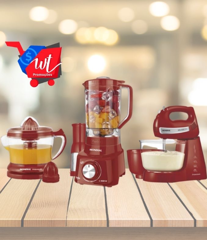 Conjunto Especial Mondial KT-96 Red Premium (Espremedor Premium + Batedeira Bella Massa Inox + Liquidificador Turbo L-900)