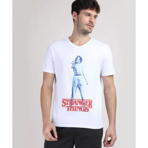 Camiseta Masculina Stranger Things Manga Curta Gola Careca Branca