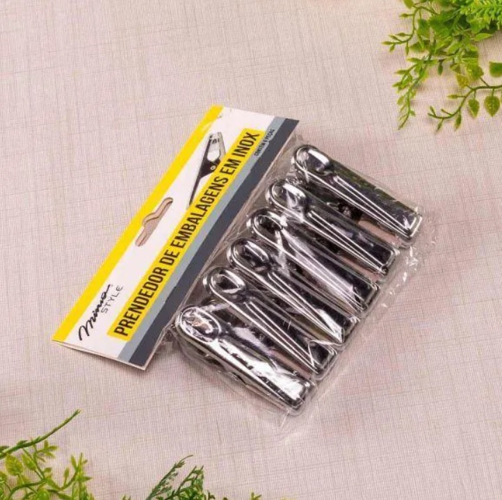 Prendedor de Embalagens em Inox, 6 Unidades, Prata, Mimo Style