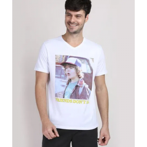 Camiseta Masculina Stranger Things Manga Curta Gola V Branca