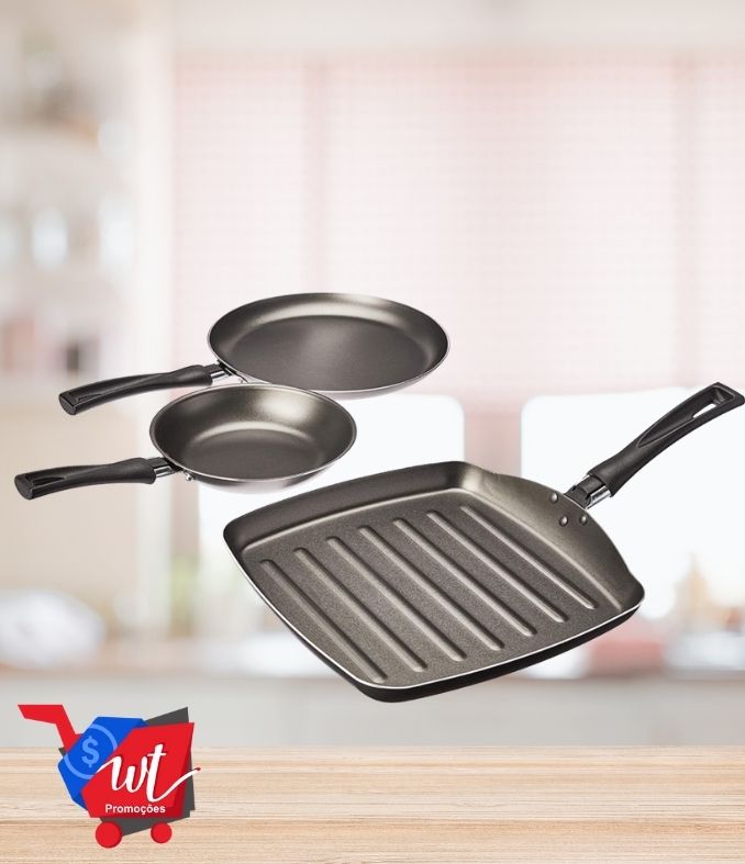 Conjunto 3 peças, Grill, Tapioqueira, Frigideira, Garlic, Grafite, Brinox