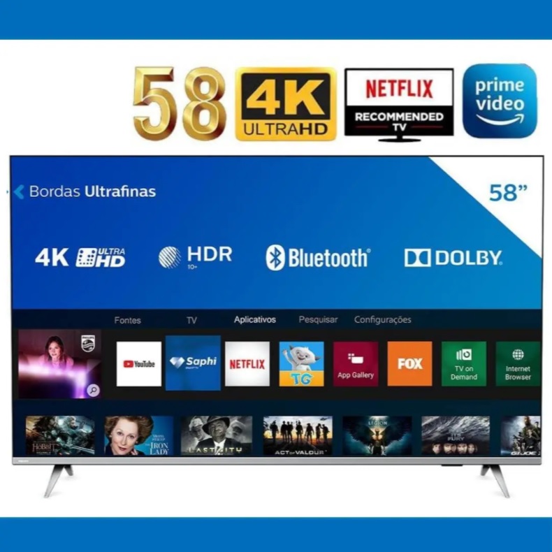 Smart TV LED 58″ Philips 58PUG6654/78 Ultra HD 4k Design sem Bordas Wi-fi Bluetooth 3 HDMI 2 USB