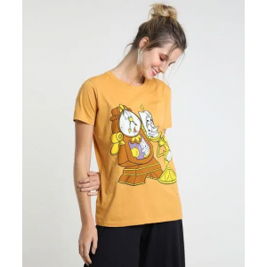 Blusa Feminina Bela e a Fera Manga Curta Decote Redondo Mostarda