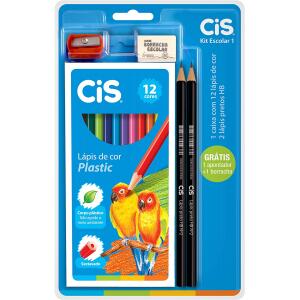 Lápis de Cor Sextavado + 2 Lápis Grafite Nº 2HB + Borracha + Apontador - CIS - Kit Escolar 1