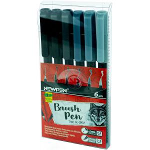 Caneta Ponta Pincel Newpen Brush Pen Tons de Cinza - 6 Cores
