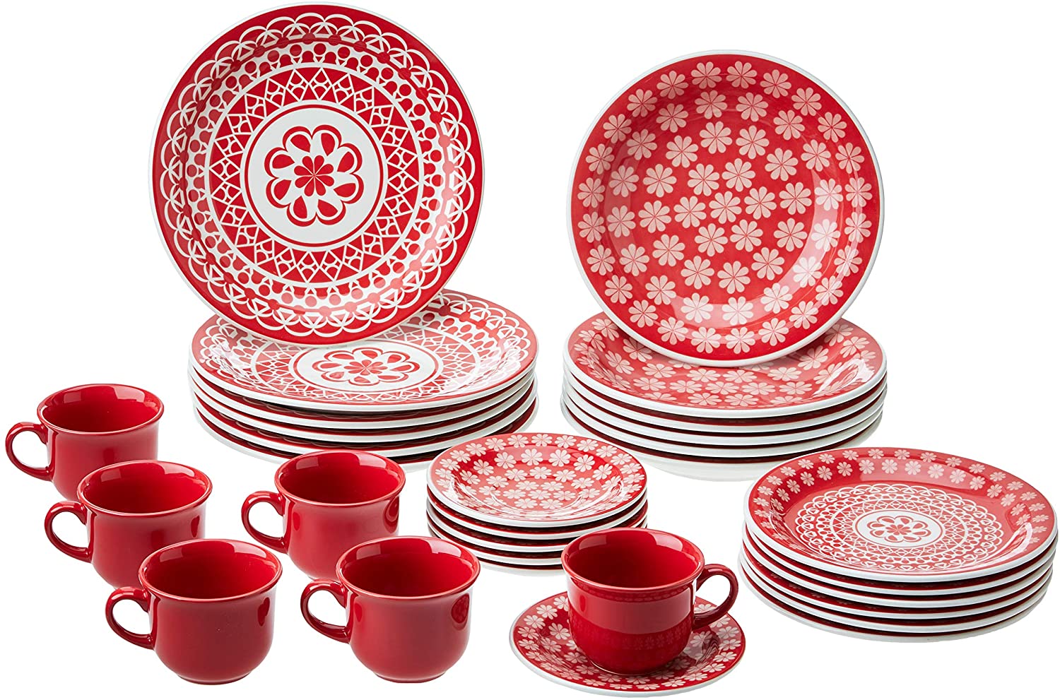 1 Aparelho de Jantar e Chá 30 Peças Oxford Daily Floreal Renda Branco/Vermelho
