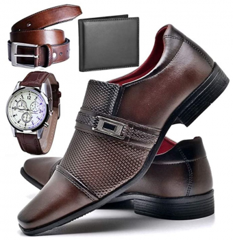 Kit Sapato Social Verniz Com Relógio Cinto Carteira Masculino ZARU 814DB