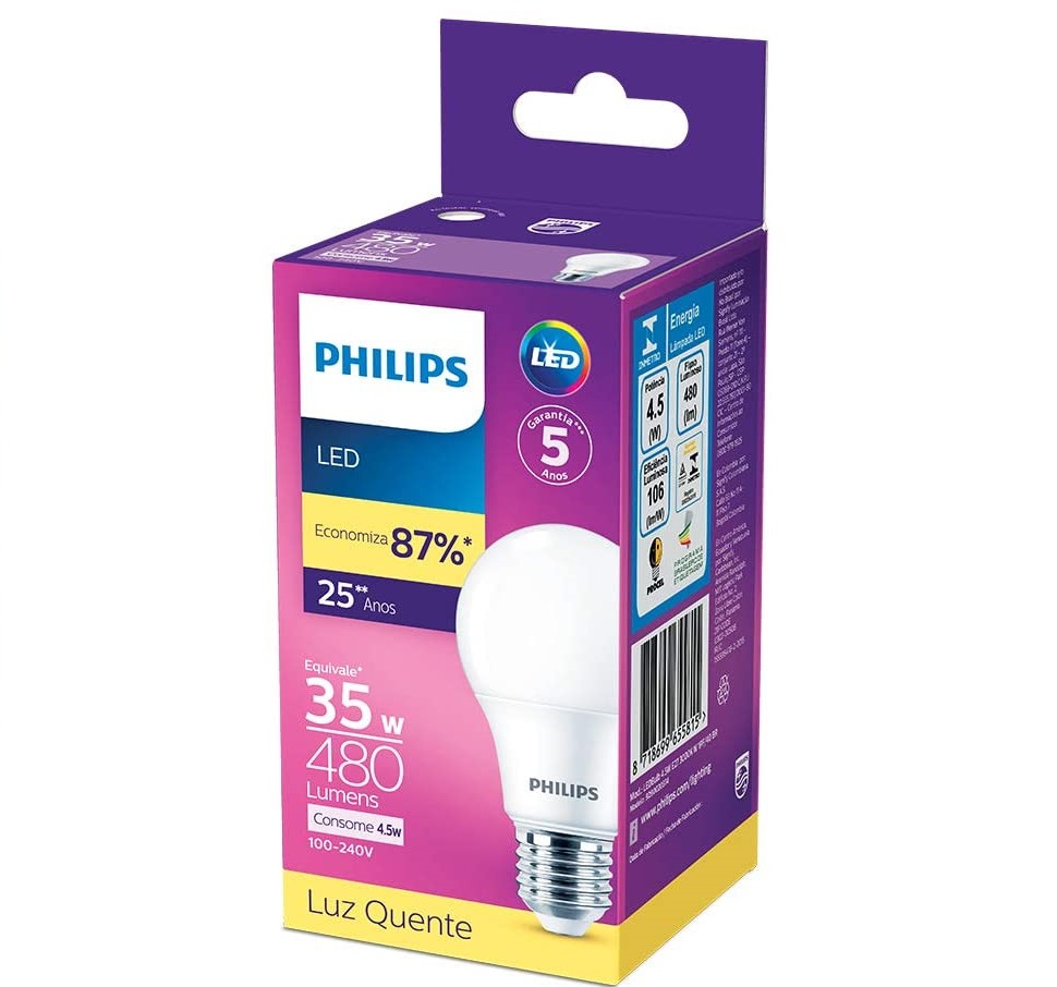 Lâmpada LED bulbo Philips, amarela, 4.5W, Bivolt, Base E27