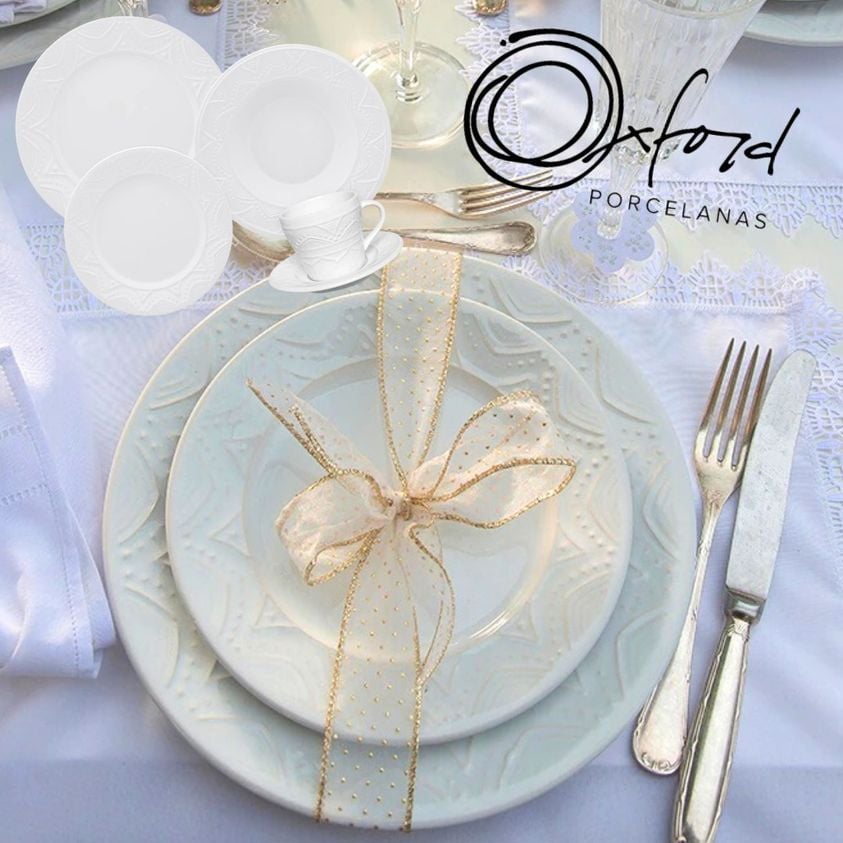 Aparelho de Jantar e Chá 20 Peças Oxford Daily Serena em Cerâmica com Alto-relevo – Branco