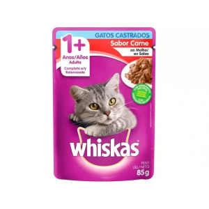 6 Unidades - Ração Úmida para Gato Adulto Sachê Whiskas Carne ao Molho 85g