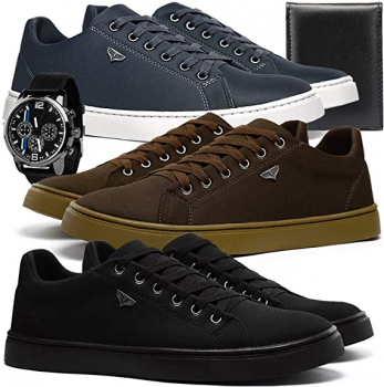 Kit Sapatênis Skatista Confortável SapatoFran Masculino Preto Café e Azul + Relógio e Carteira
