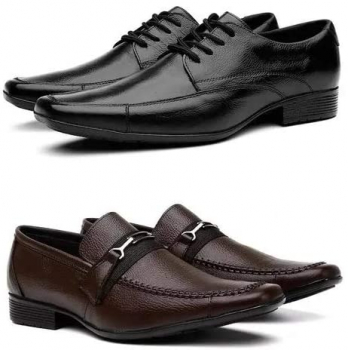 Kit 2 Pares Sapato Social de Couro Preto e Marrom com Solado de Borracha Costurado