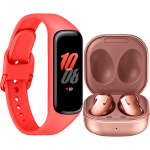 Fone de Ouvido Wireless Samsung Galaxy Buds Live – Bronze + Smartband Samsung Galaxy Fit2 – Vermelho