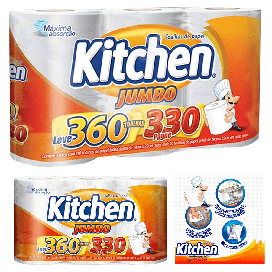 Papel Toalha Kitchen Jumbo Folha Dupla – Pack com 3 rolos de 110 unidades de 19×22 cm cada