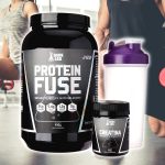Kit Whey Protein Fuse 900g + Creatina 100g + Coqueteleira Roxa Dark Lab