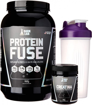Kit Whey Protein Fuse 900g + Creatina 100g + Coqueteleira Roxa Dark Lab (Chocolate)