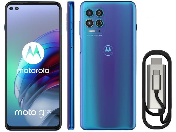 Smartphone Motorola Moto G100 e Cabo USB-C/HDMI – 256GB Luminous Ocean 12GB RAM 6,7” Câm. Quádrupla