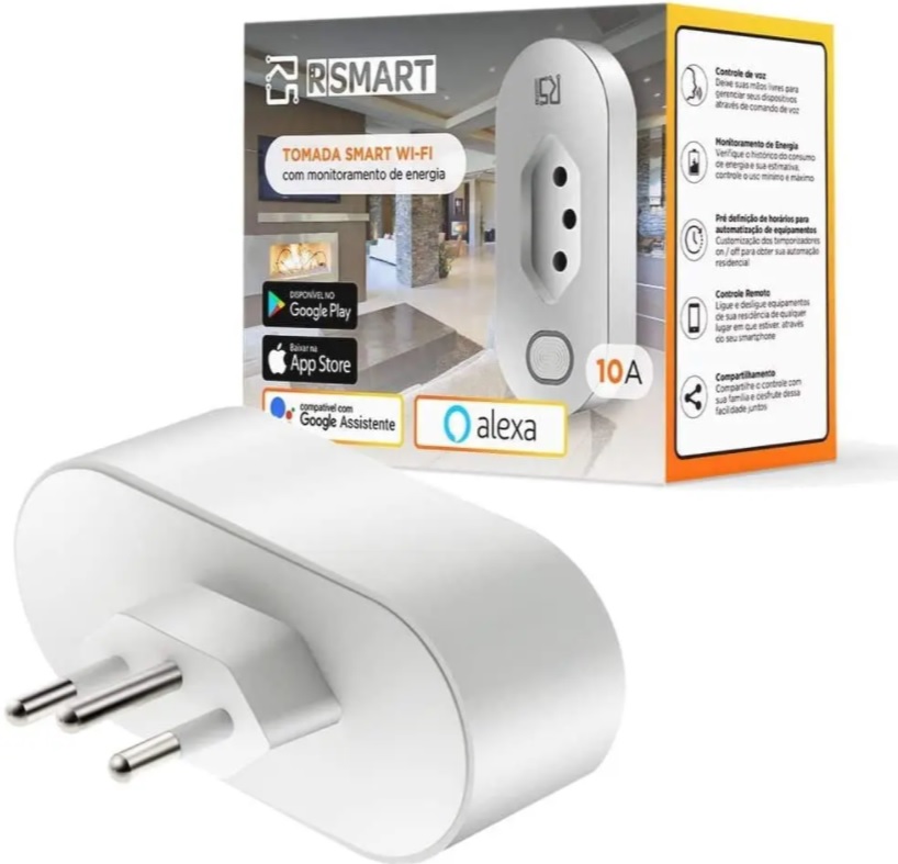 Tomada Inteligente Smart Plug Wi-Fi RSmart 10A Ligue ou Desligue seus Eletrodomésticos Através do Celular Compatível com Alexa