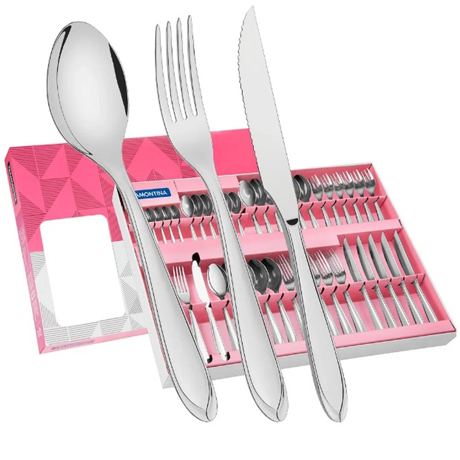 Faqueiro Aço Inox com Faca para Churrasco com 42 Peças Tramontina Laguna Prata