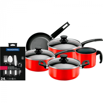 Jogo de Panelas 5 Peças Antiaderente Vermelha + Faqueiro Tramontina Malibu 24 Peças