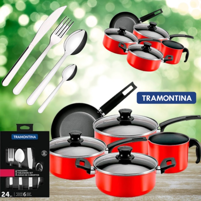 Jogo de Panelas 5 Peças Antiaderente Vermelha + Faqueiro Tramontina Malibu 24 Peças