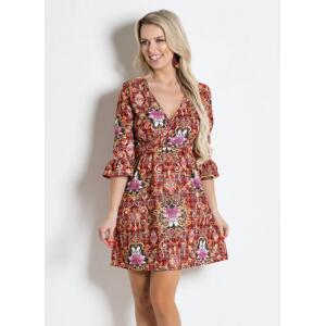 Vestido Xadrez/Flor Mangas 7/8 Abertura Sino - Moda Pop