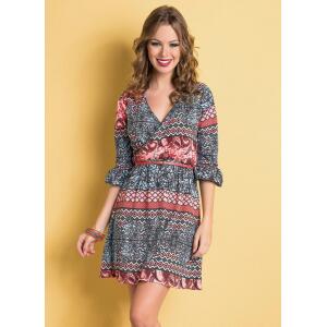 Vestido Étnico e Floral Mangas 7/8 Abertura Sino