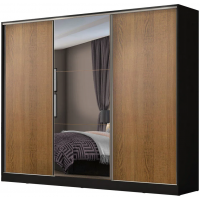 Guarda Roupa Casal 100% MDF Madesa Zurique 3 Portas de Correr com Espelho Preto/Rustic