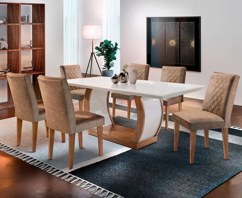 Conjunto de Mesa de Jantar com 6 Cadeiras Estofadas Maia Animalle Off White e Chocolate