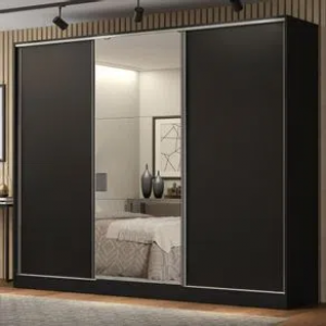 Guarda Roupa Casal 100% Mdf Madesa Royale 3 Portas de Correr com Espelho Preto