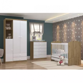 Quarto de Bebê com Guarda Roupa 3 Portas Cômoda e Berço Faz de Conta Espresso Móveis Branco/Rústico