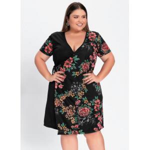 Vestido Transpassado Floral Preto Plus Size - Marguerite
