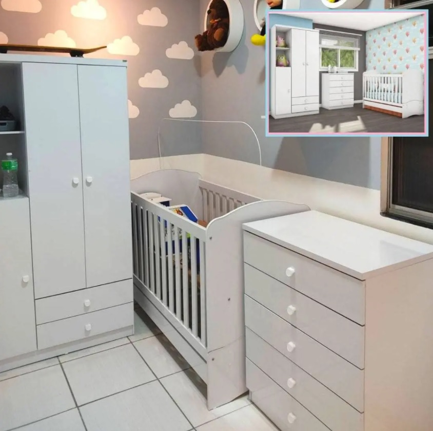 Quarto de Bebê com Guarda Roupa 3 Portas Cômoda e Berço Faz de Conta Espresso Móveis