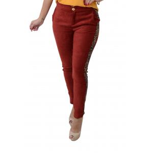 Calça Mamorena Bengaline Suede Detalhe Fita Bicho Marsala