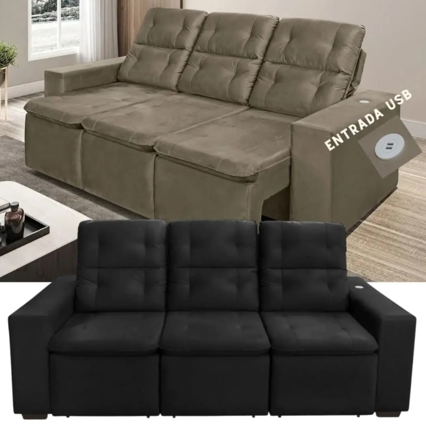 Sofá Retrátil Reclinável 3 Lugares Veludo – Connect Plus Gralha Azul com Entrada USB