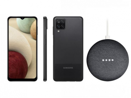 Smartphone Samsung Galaxy A12 64GB Preto 4G – 4GB RAM + Nest Mini 2ª geração Smart Speaker