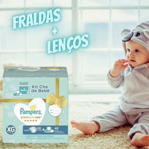 kit chá de bebê Fralda Pampers Premium Care (G ou XG) + Lenços Umedecidos
