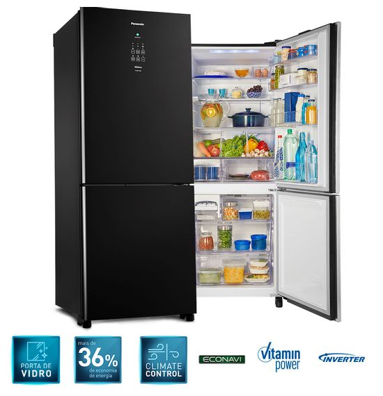 Geladeira Panasonic Frost Free Inverter 2 Portas BB53 425 Litros Black Glass