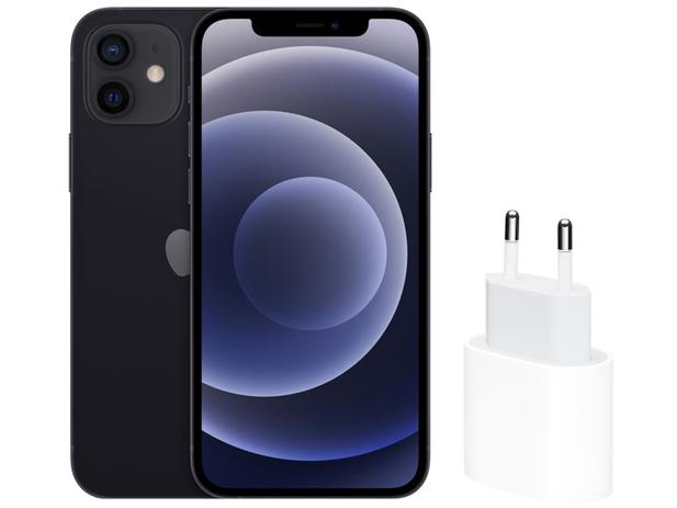 iPhone 12 Apple 64GB Preto 6,1” Câm. Dupla 12MP – iOS + Carregador USB-C de 20W Apple Branco