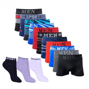 Kit 10 Cuecas Boxer Adulto + 12 Pares Meias Soquete P