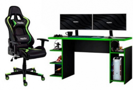 Kit Cadeira Gamer MoobX Thunder Verde + Mesa Gamer MX Verde com Gancho para HeadSet – MOOBX