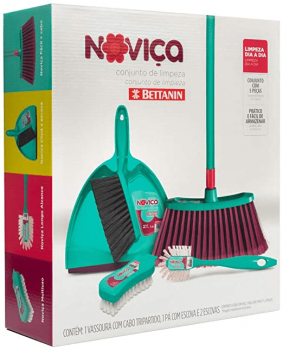 Kit de Limpeza Noviça com 5 peças (Vassoura Fácil com Cabo, Clipá + Escova, Escova Multiuso e Escova Longo Alcance)., Noviça