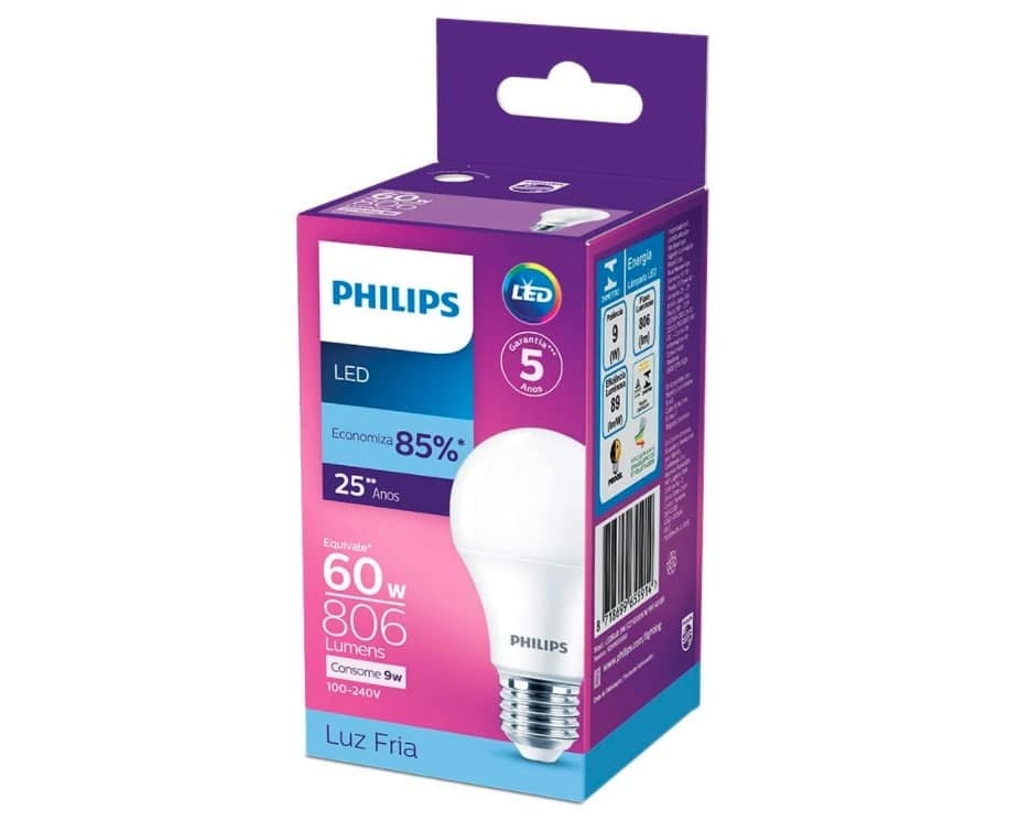 Lâmpada LED bulbo Philips, luz branca fria, 9W, Bivolt (100-240V), Base E27