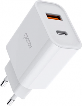 Carregador Universal Ultra Rápido Duo, 1 X USB-C Power Delivery 20W, 1 X USB Quick Charge 18W, Branco, CH20PDQC, Geonav