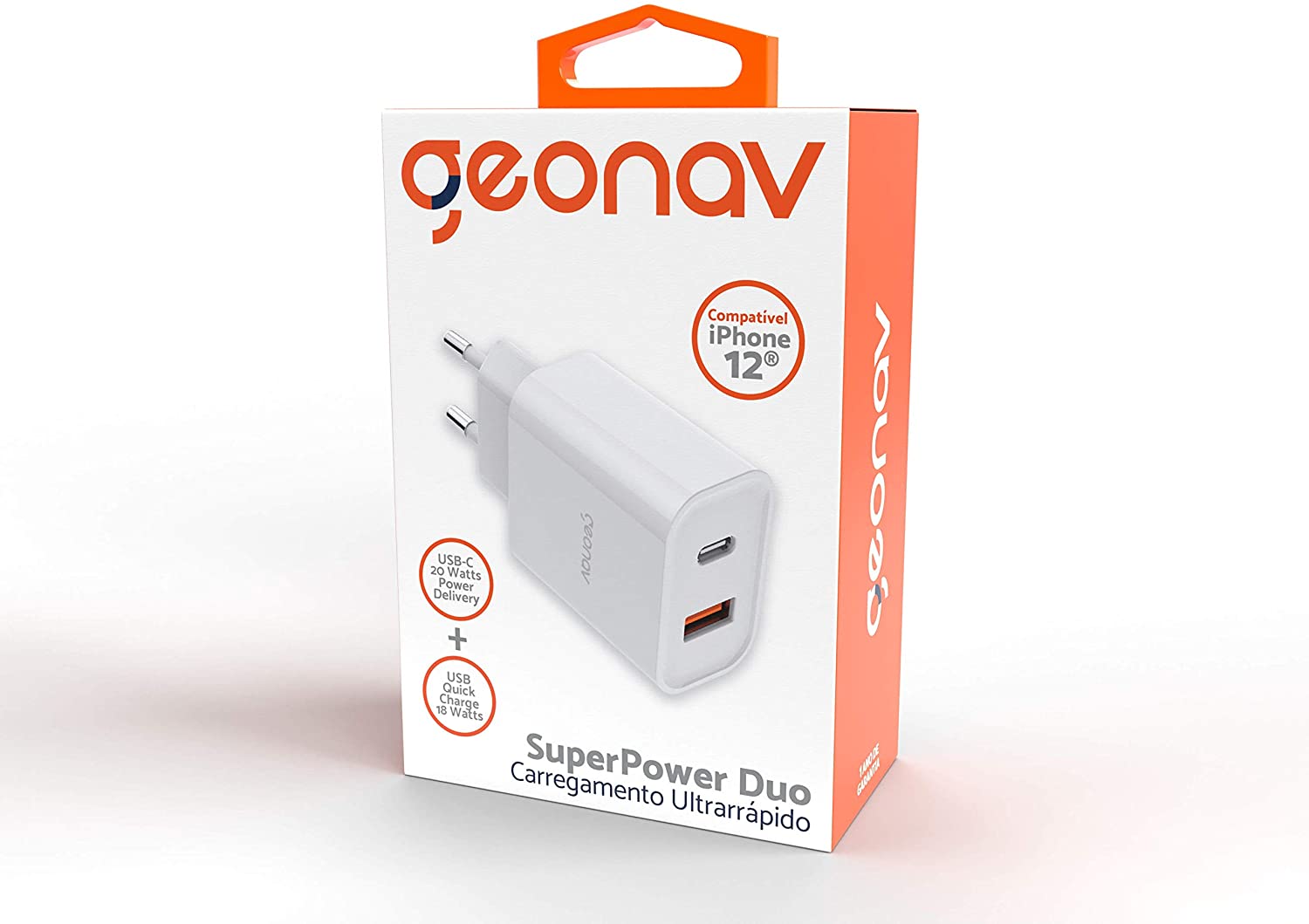 Carregador Universal Ultra Rápido Duo, 1 X USB-C Power Delivery 20W, 1 X USB Quick Charge 18W, Branco, CH20PDQC, Geonav