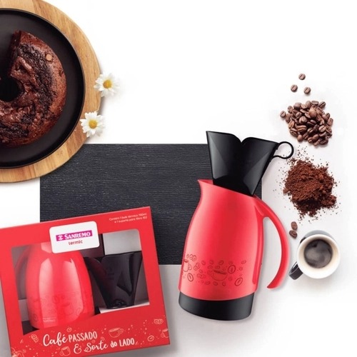Conjunto de Bule Térmico de 700ml + Suporte para Filtro de Café, Preto e Vermelho, Sanremo